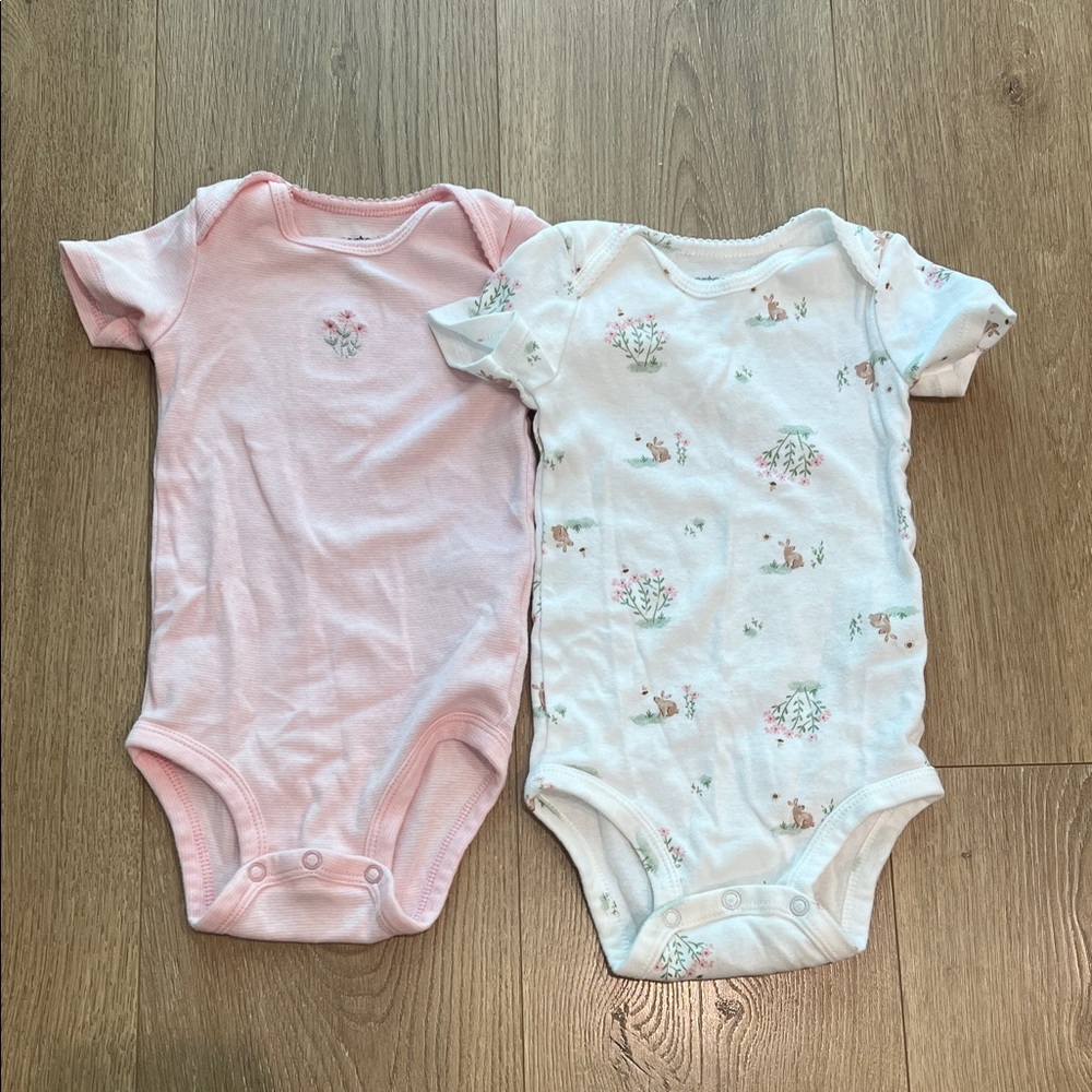 Pink Floral & Bunny White Printed Baby One-Piece Bodysuit Set